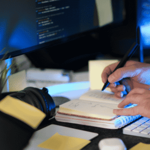 Apuntes y ordenador en una sesión de estudio para oposiciones TIC