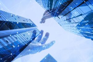 Manos digitales entre rascacielos simbolizan la transformación tecnológica de la Administración Pública en el marco del Consenso por una Administración Abierta