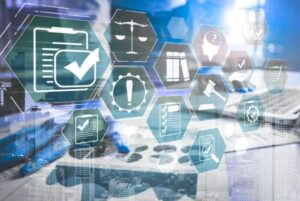 Iconos de cumplimiento legal y seguridad digital relacionados con el Reglamento de inteligencia artificial.