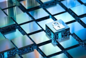 Bloques digitales con candado simbolizando la protección del Centro de Operaciones de Ciberseguridad