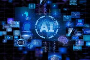 Representación digital del concepto de inteligencia artificial, con múltiples pantallas azules mostrando redes neuronales y datos.