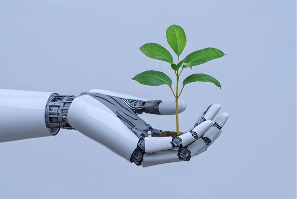Mano robótica sosteniendo una planta verde que simboliza la sostenibilidad en la Inteligencia Artificial.