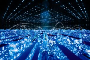 Visualización digital de datos interconectados que representa la economía del dato y el programa Kit Espacios de Datos.