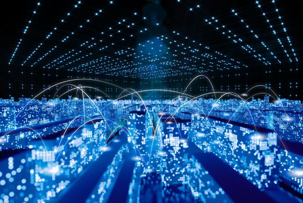 Visualización digital de datos interconectados que representa la economía del dato y el programa Kit Espacios de Datos.