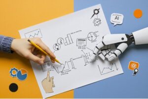 Ilustración conceptual sobre la colaboración entre personas y sistemas de inteligencia artificial en la creación de contenidos frente al AI slop.