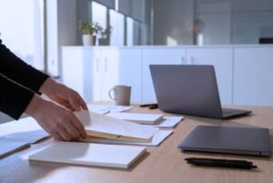 Opositor TIC revisando documentos y BOE en escritorio con portátil