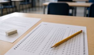Hoja de respuestas y material de examen en un aula vacía antes de una prueba oficial