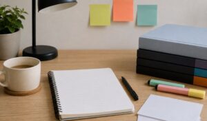 Escritorio de estudio organizado para preparar la recta final de una oposición TIC