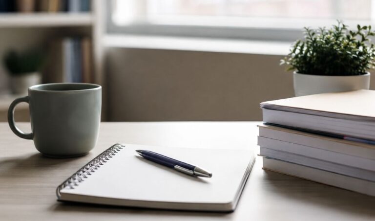 Escritorio de estudio con cuaderno, bolígrafo y temario tras el examen de oposiciones TIC