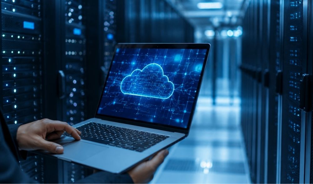 Centro de datos con portátil mostrando un sistema de seguridad y monitorización en la nube