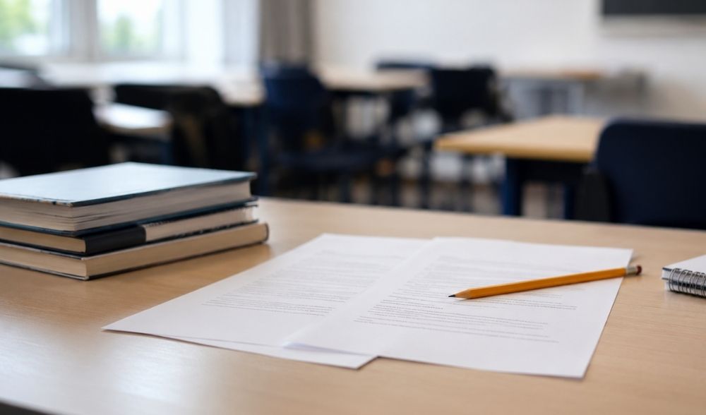 Mesa de estudio con documentos de examen, lápiz y aula desenfocada al fondo