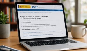 Pantalla de portátil mostrando la publicación del INAP sobre aspirantes con nota conservada y exentos del primer ejercicio de GSI libre OEP 2025.