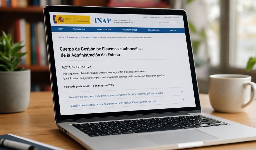 Pantalla de portátil mostrando la publicación del INAP sobre aspirantes con nota conservada y exentos del primer ejercicio de GSI libre OEP 2025.