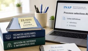 Mesa de estudio para oposiciones TAI y GSI con las listas definitivas y la fecha del examen del 23 de mayo de 2026