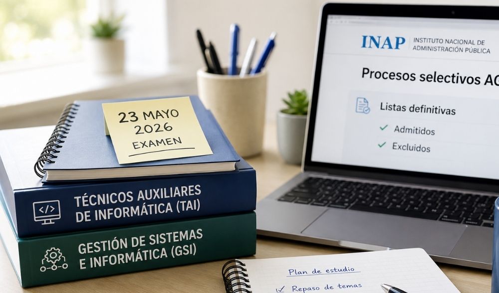 Mesa de estudio para oposiciones TAI y GSI con las listas definitivas y la fecha del examen del 23 de mayo de 2026