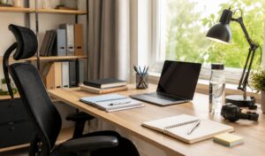 Espacio de estudio organizado con escritorio, ordenador portátil, lámpara e iluminación natural.