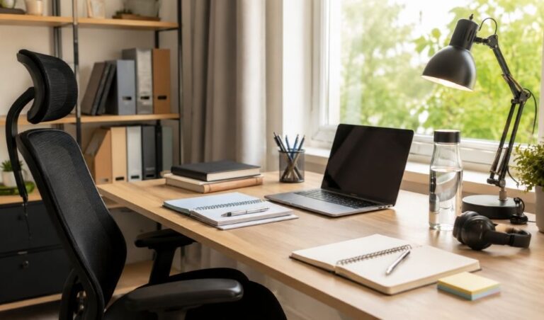 Espacio de estudio organizado con escritorio, ordenador portátil, lámpara e iluminación natural.