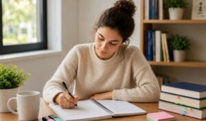 Opositora estudiando en un entorno ordenado para mejorar la atención y la concentración durante la preparación de una oposición.