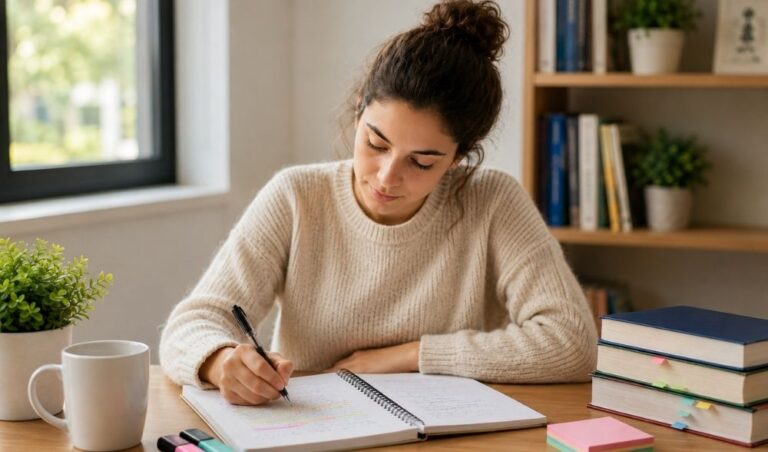 Opositora estudiando en un entorno ordenado para mejorar la atención y la concentración durante la preparación de una oposición.