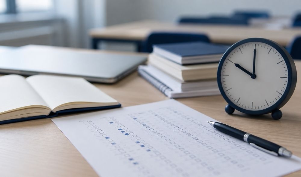 Mesa de examen con hoja de respuestas, bolígrafo, libros y reloj, en una composición relacionada con la preparación del primer ejercicio del CSSTIAE.