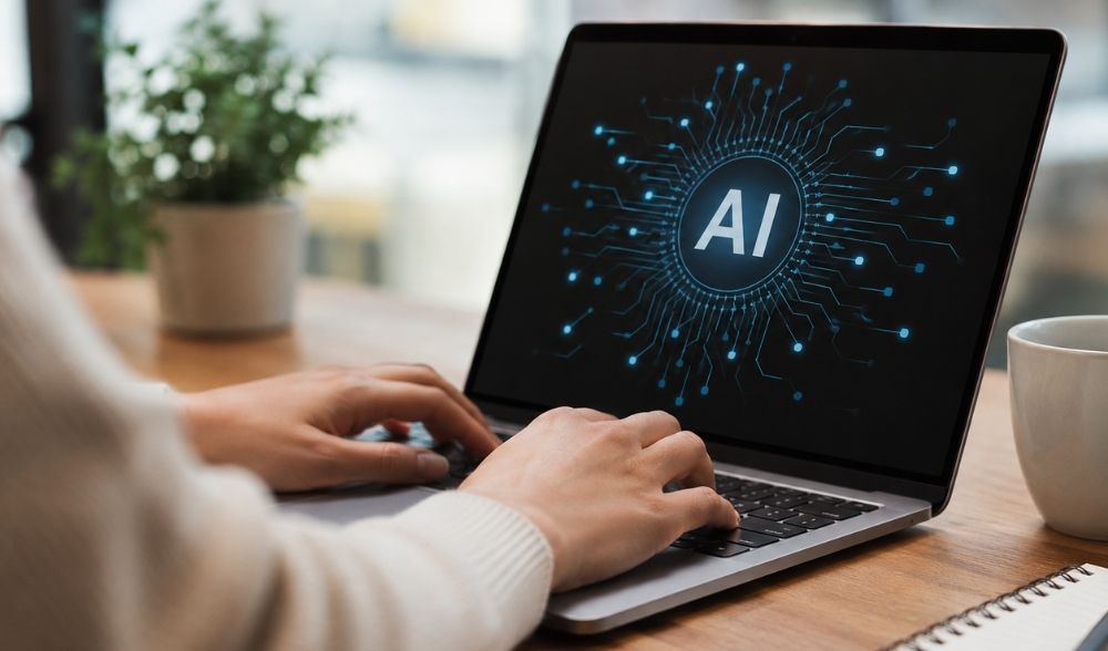 Persona utilizando un ordenador portátil con una representación visual de inteligencia artificial en pantalla.