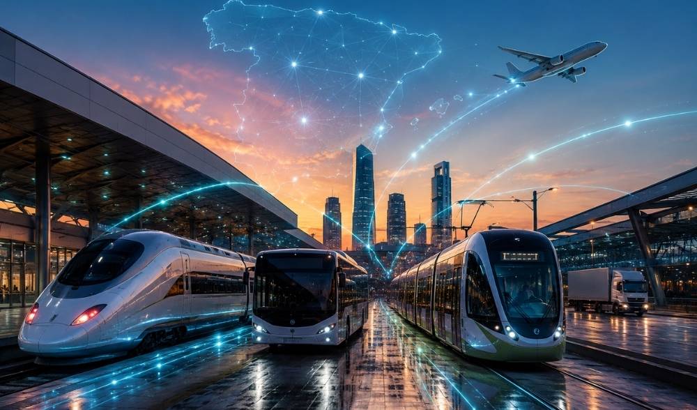 Representación de un sistema de movilidad conectado en España con tren de alta velocidad, autobús, tranvía, avión y red digital de intercambio de datos.
