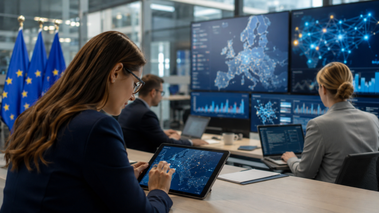 Profesionales analizan datos digitales sobre Europa en un entorno institucional con banderas de la Unión Europea.