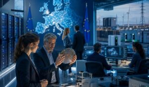 Profesionales tecnológicos en un centro de datos europeo analizan un semiconductor junto a sistemas de inteligencia artificial y computación en la nube.