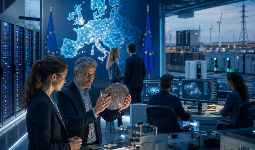 Profesionales tecnológicos en un centro de datos europeo analizan un semiconductor junto a sistemas de inteligencia artificial y computación en la nube.