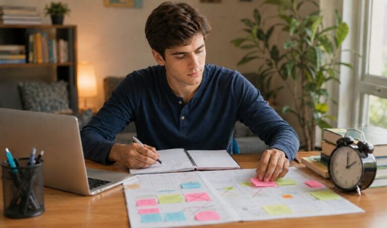 Opositor TIC planificando su estudio y revisando un calendario de preparación en su escritorio