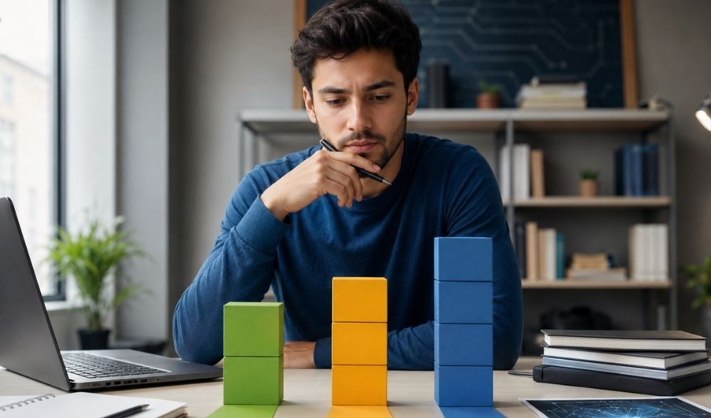 Opositor TIC comparando diferentes niveles de oposiciones A1, A2 y C1 mediante bloques de distinta altura