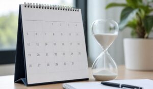 Calendario de escritorio y reloj de arena que representan la actualización de fechas de las oposiciones GSI y TAI en 2026.