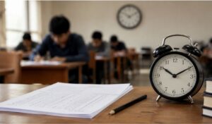 Examen del Cuerpo Superior de Sistemas con reloj y hoja de respuestas sobre una mesa.