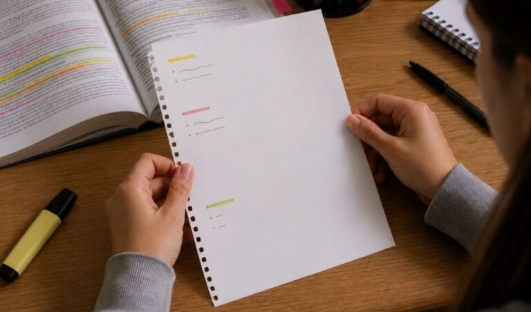 Estudiante sostiene un resumen con muy poco texto frente a un temario completo de oposiciones.
