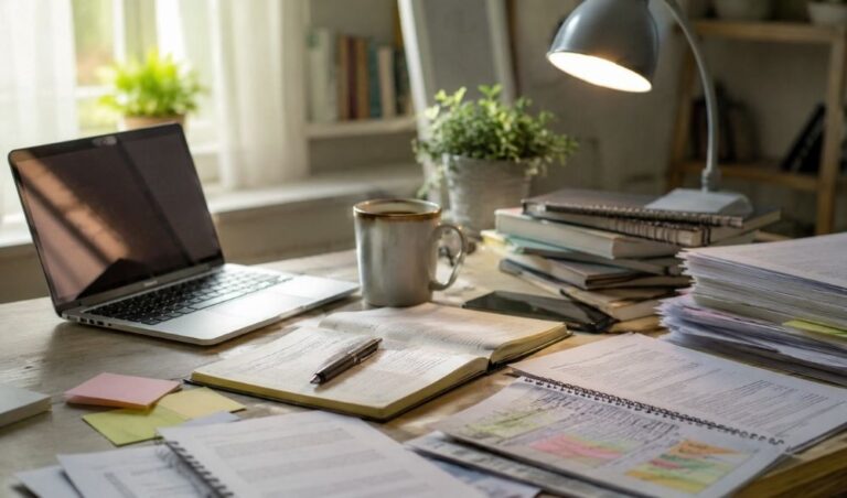 Mesa de estudio con apuntes, portátil y planificación para evitar el agotamiento mental durante una oposición