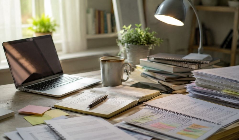 Mesa de estudio con apuntes, portátil y planificación para evitar el agotamiento mental durante una oposición