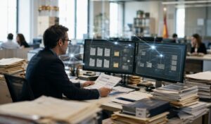 Empleado público analiza expedientes y documentos con herramientas de inteligencia artificial en una oficina de la Administración Pública.