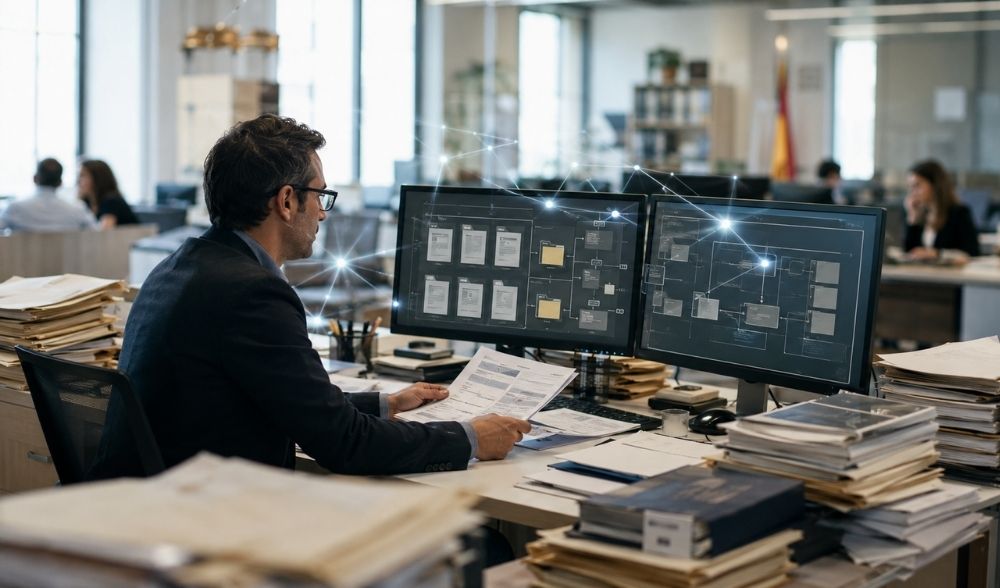 Empleado público analiza expedientes y documentos con herramientas de inteligencia artificial en una oficina de la Administración Pública.