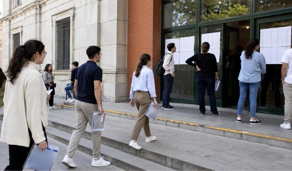 Opositores consultando la distribución por sedes y aulas antes del examen de A1.
