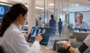 Profesional sanitaria utiliza inteligencia artificial para analizar datos médicos y realizar seguimiento remoto de pacientes.