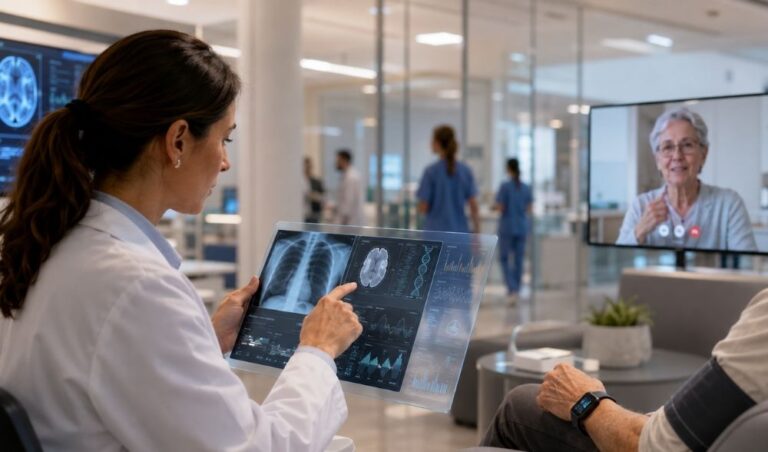 Profesional sanitaria utiliza inteligencia artificial para analizar datos médicos y realizar seguimiento remoto de pacientes.