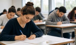 Opositores realizando un examen tipo test en un aula con actitud concentrada y tranquila.
