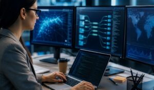 Profesional TIC analizando datos no tradicionales en un entorno tecnológico de la Administración.