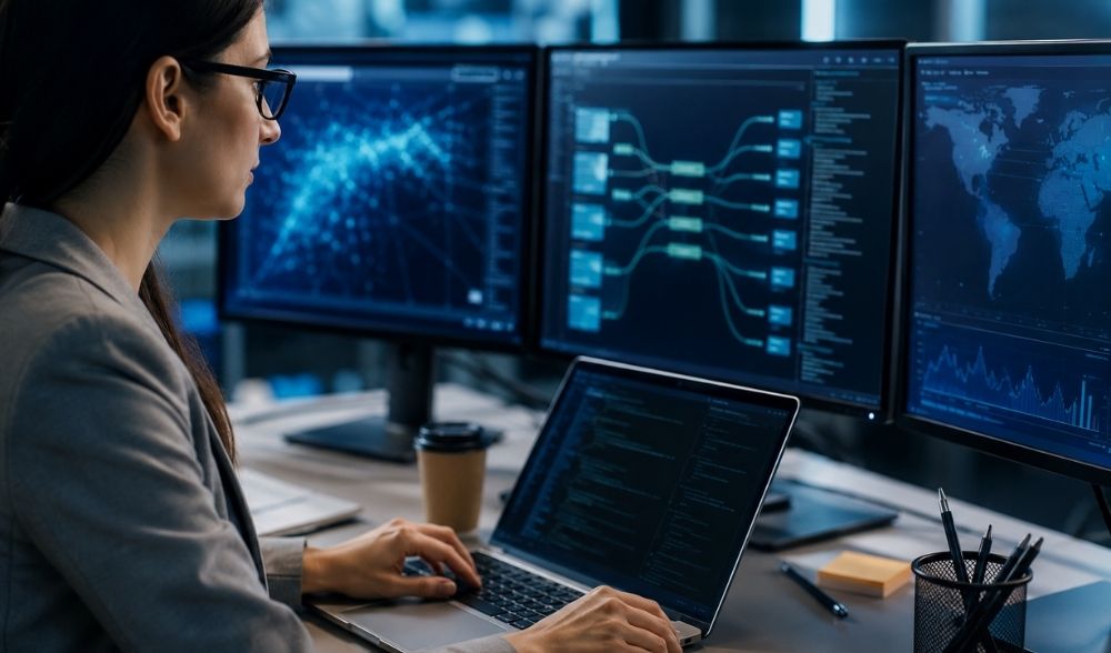 Profesional TIC analizando datos no tradicionales en un entorno tecnológico de la Administración.