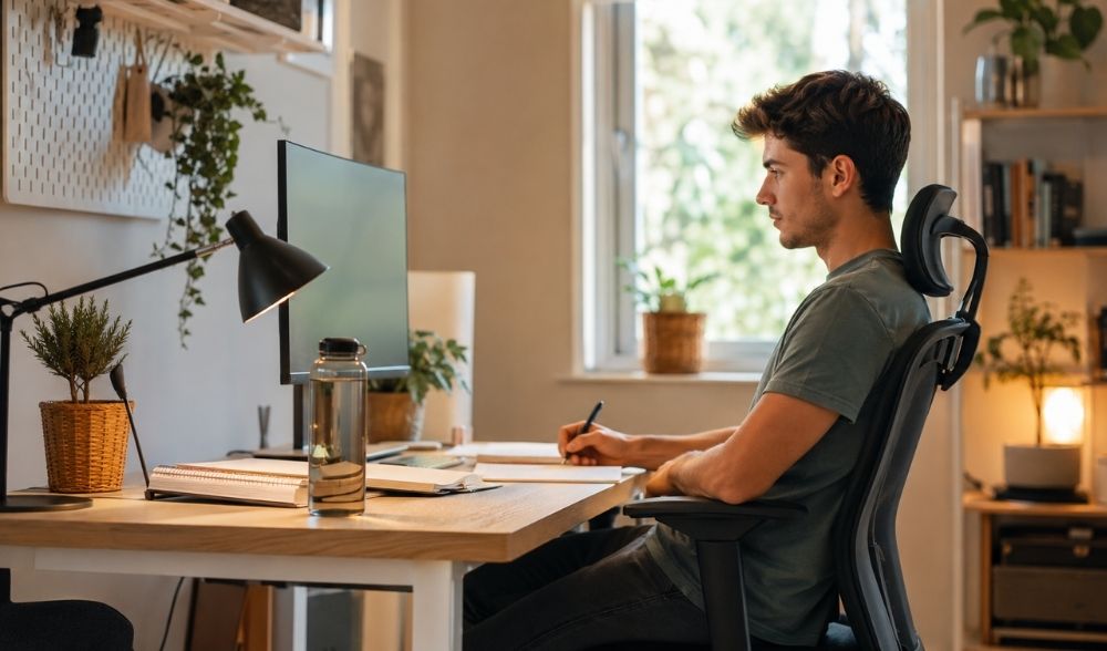 Opositor TIC estudiando en un escritorio ergonómico con pantalla a la altura de los ojos, buena iluminación y botella de agua.