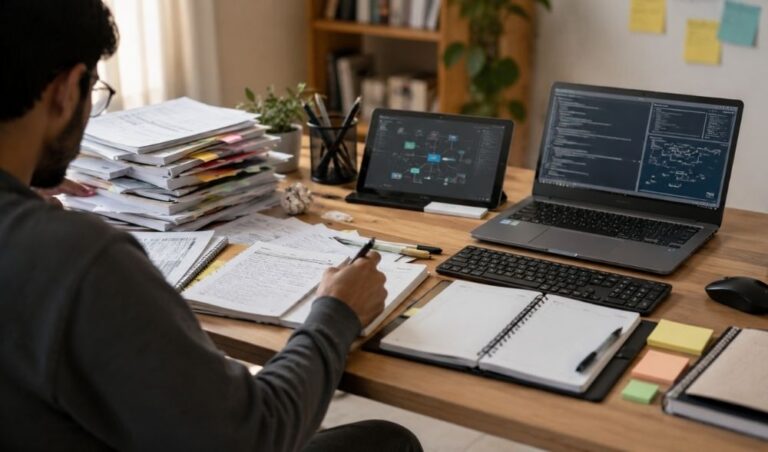Opositor TIC estudiando en un escritorio con apuntes, portátil y planificación para reorganizar el temario.