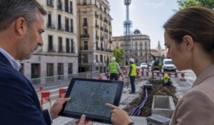 Técnicos consultan en una tableta la planificación de infraestructuras y redes de telecomunicaciones durante unas obras urbanas.
