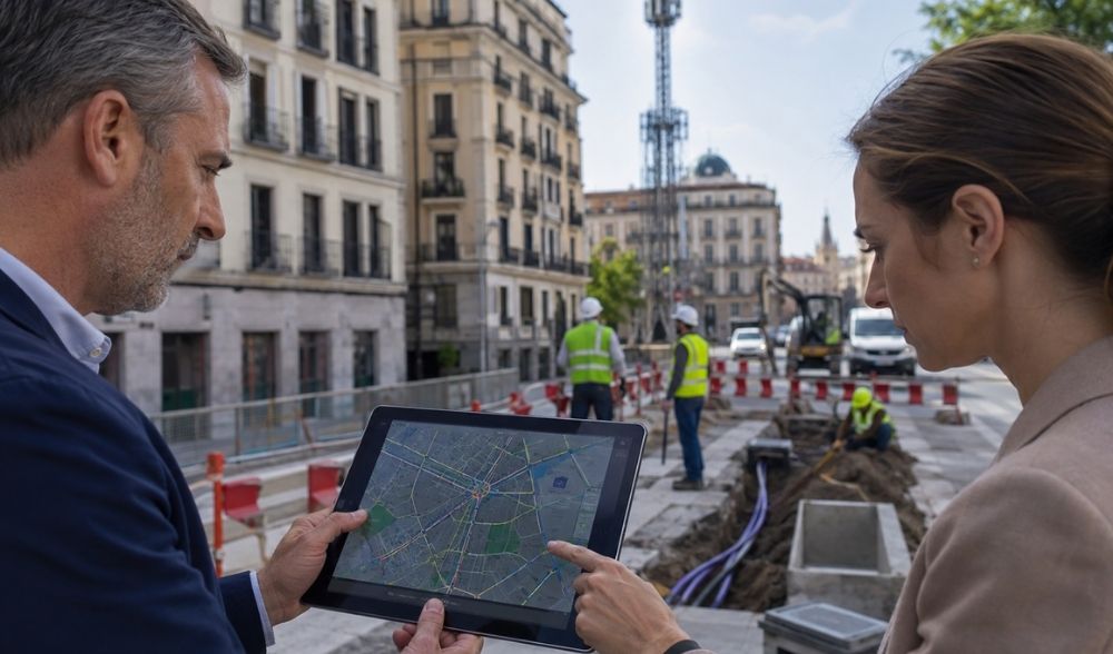 Técnicos consultan en una tableta la planificación de infraestructuras y redes de telecomunicaciones durante unas obras urbanas.