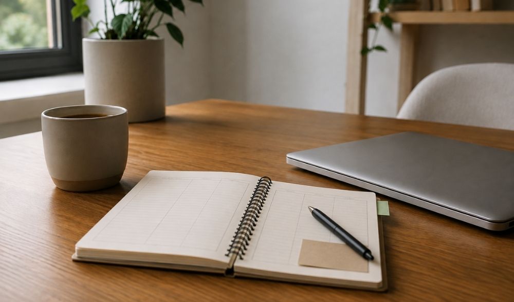 Escritorio ordenado con agenda de planificación, portátil y taza junto a una ventana, representando la revisión del estudio de oposiciones TIC al final del verano.