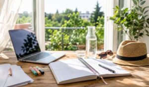 Mesa de estudio en verano con portátil, planificador, apuntes y material de estudio junto a una ventana